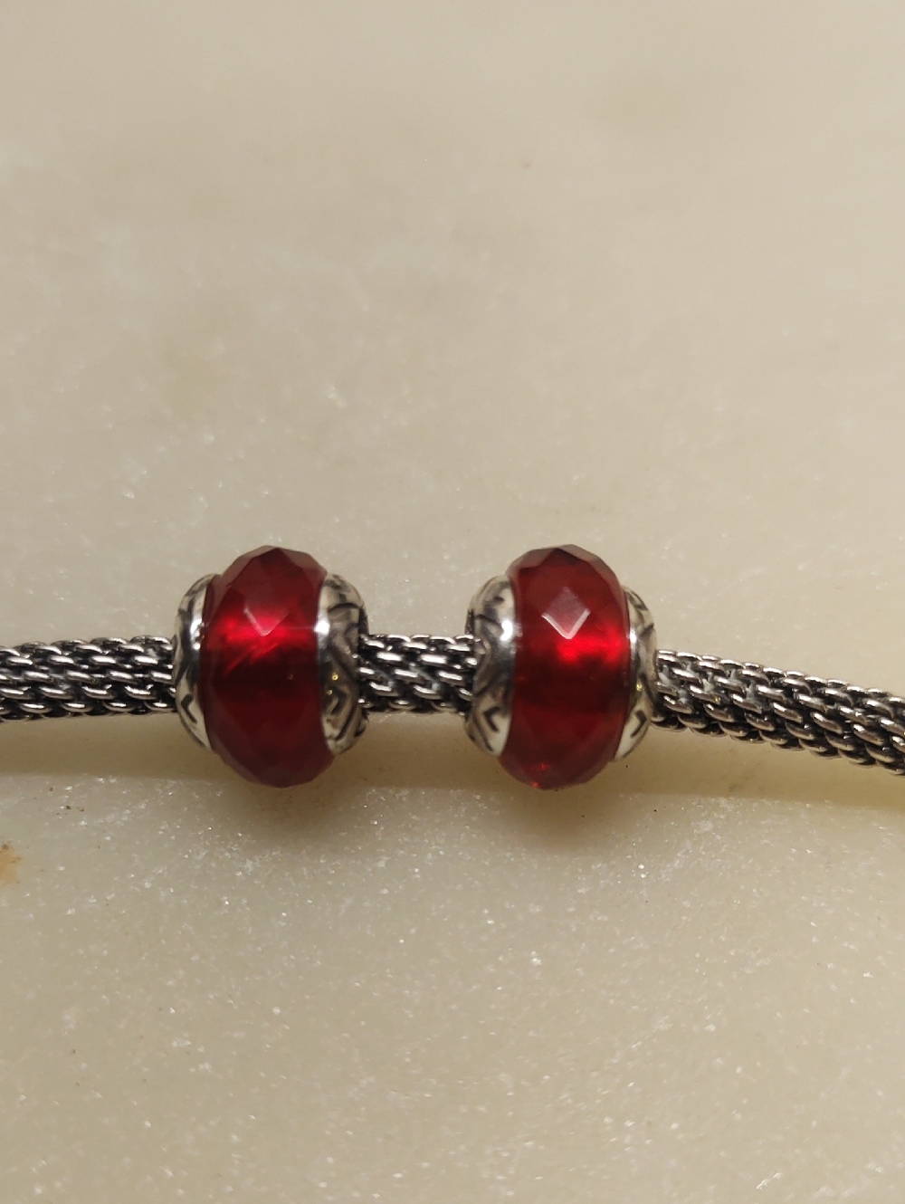 Two Brighton Transparency Beads Dark Red Faceted Glass Silver edges Retired
